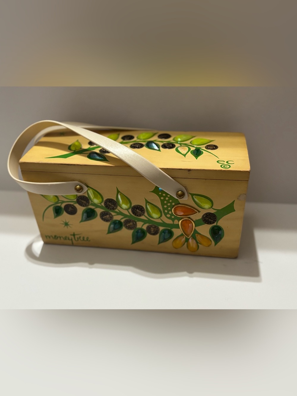 Enid Collins Money Tree Hand-Painted Yellow Bird Motif Box with Cream Handle